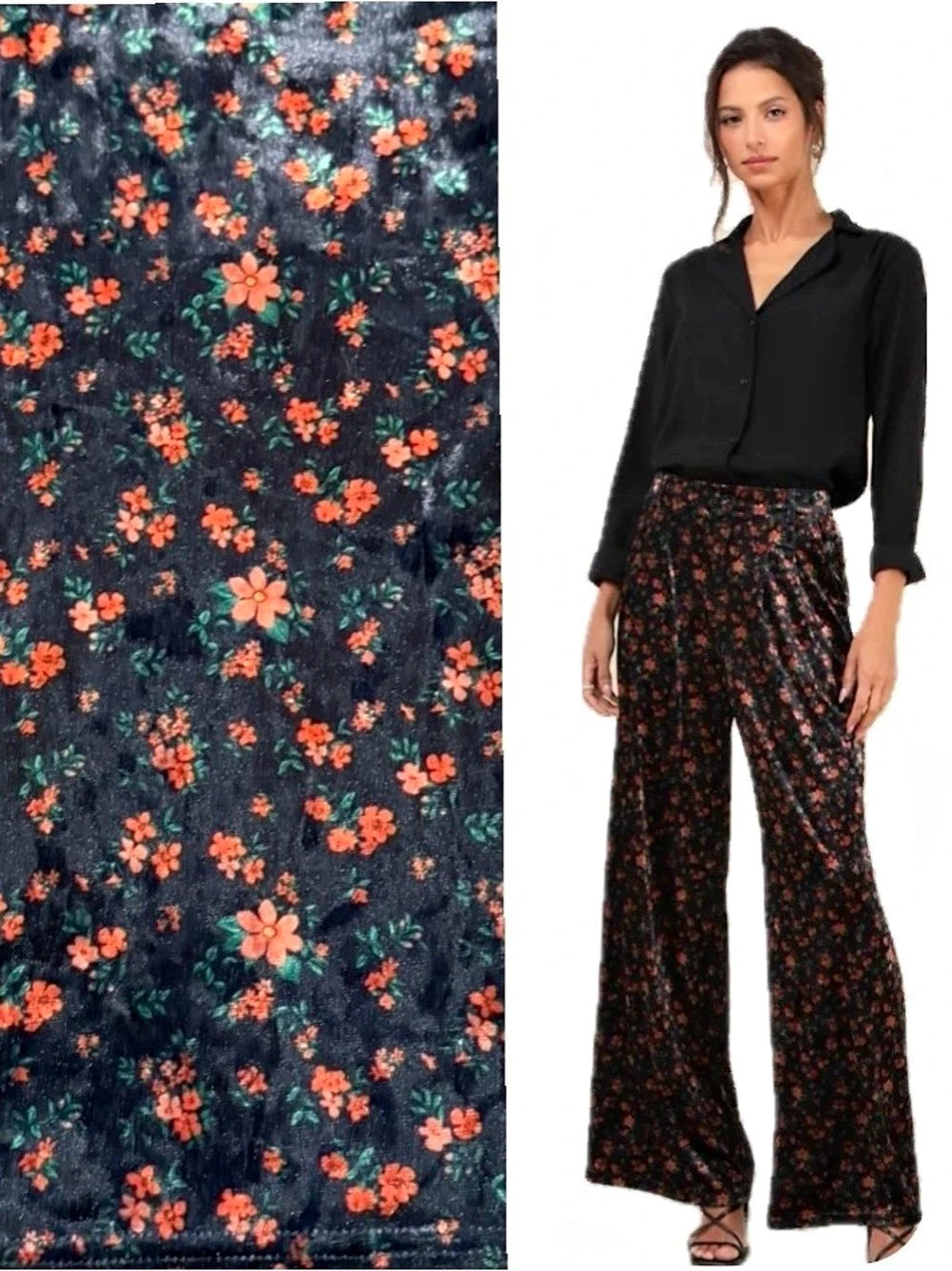 Lulus , Chic Splendor Black Floral Velvet High Rise Wide-Leg Pants, Size S